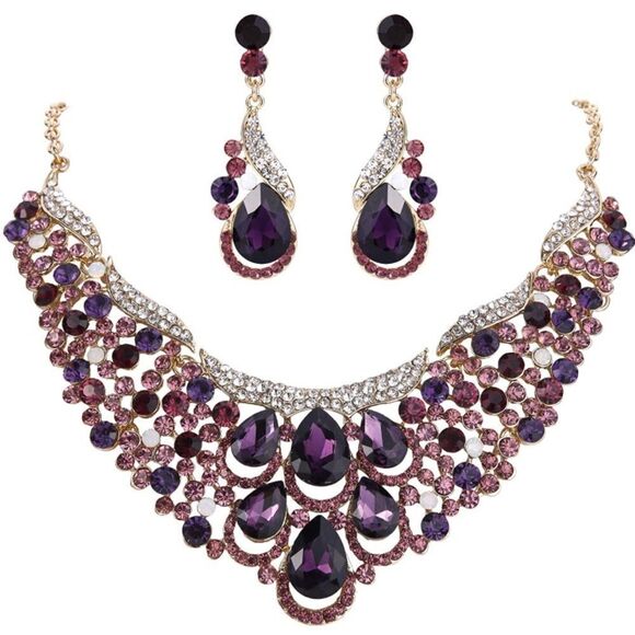 Yellow Gold and Amethyst Austrian Crystal Teardrop Wave Necklace & Earrings Set - Picture 1 of 7